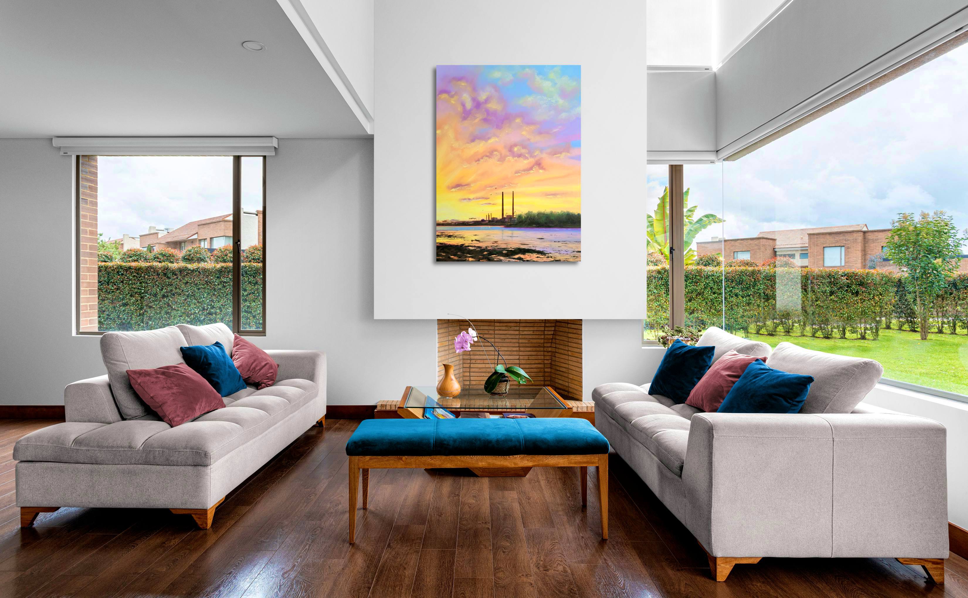 Colourful oil painting of the sunrise with Dublin Poolbeg chimneys in the background looking toward Clontarf