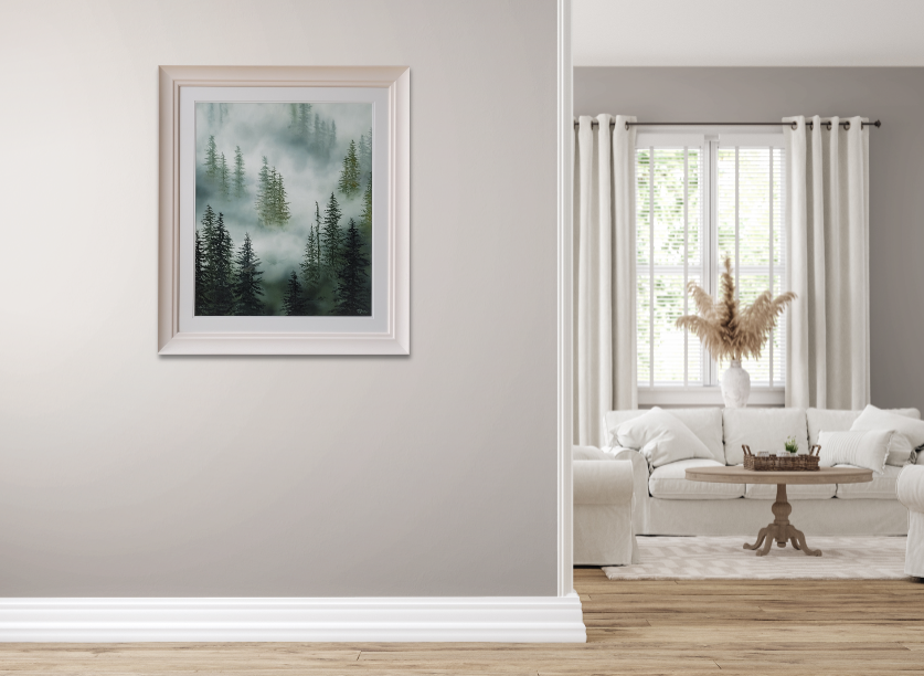 Hall of a beautiful house with a misty forest painting on the walls