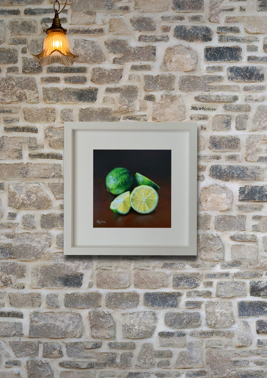 Oil still life painting depicting translucent limes