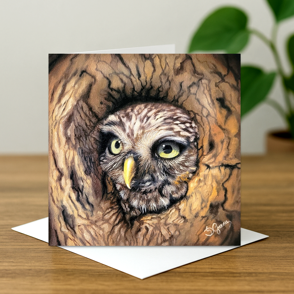 Card with an owl illustration peeking from a wooden crevice on a wooden surface.