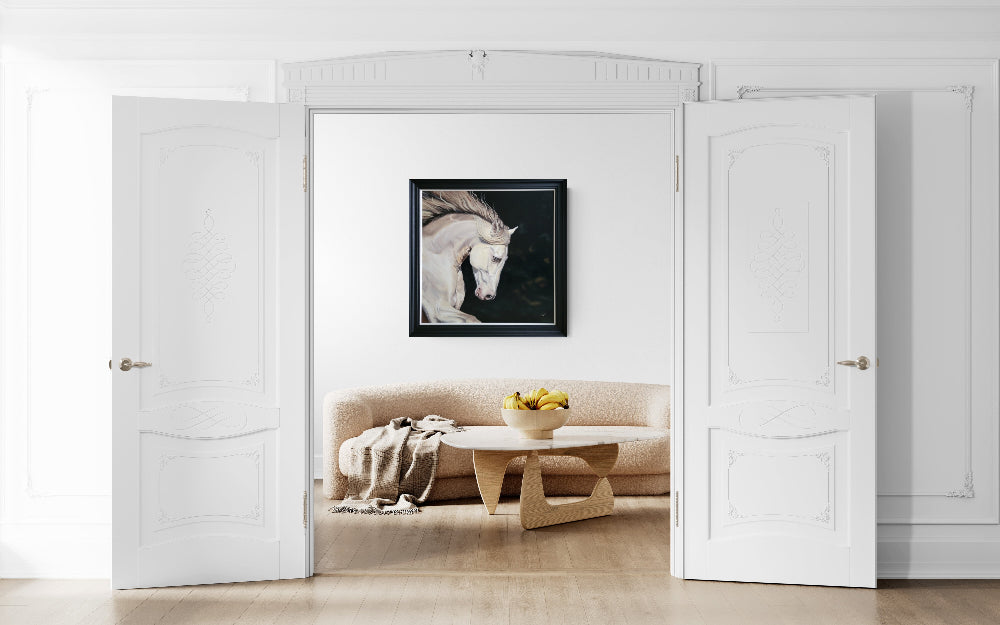 Equine oil painting depicting the portrait of a beautiful white horse on  black background. Perfect for a modern living room or office