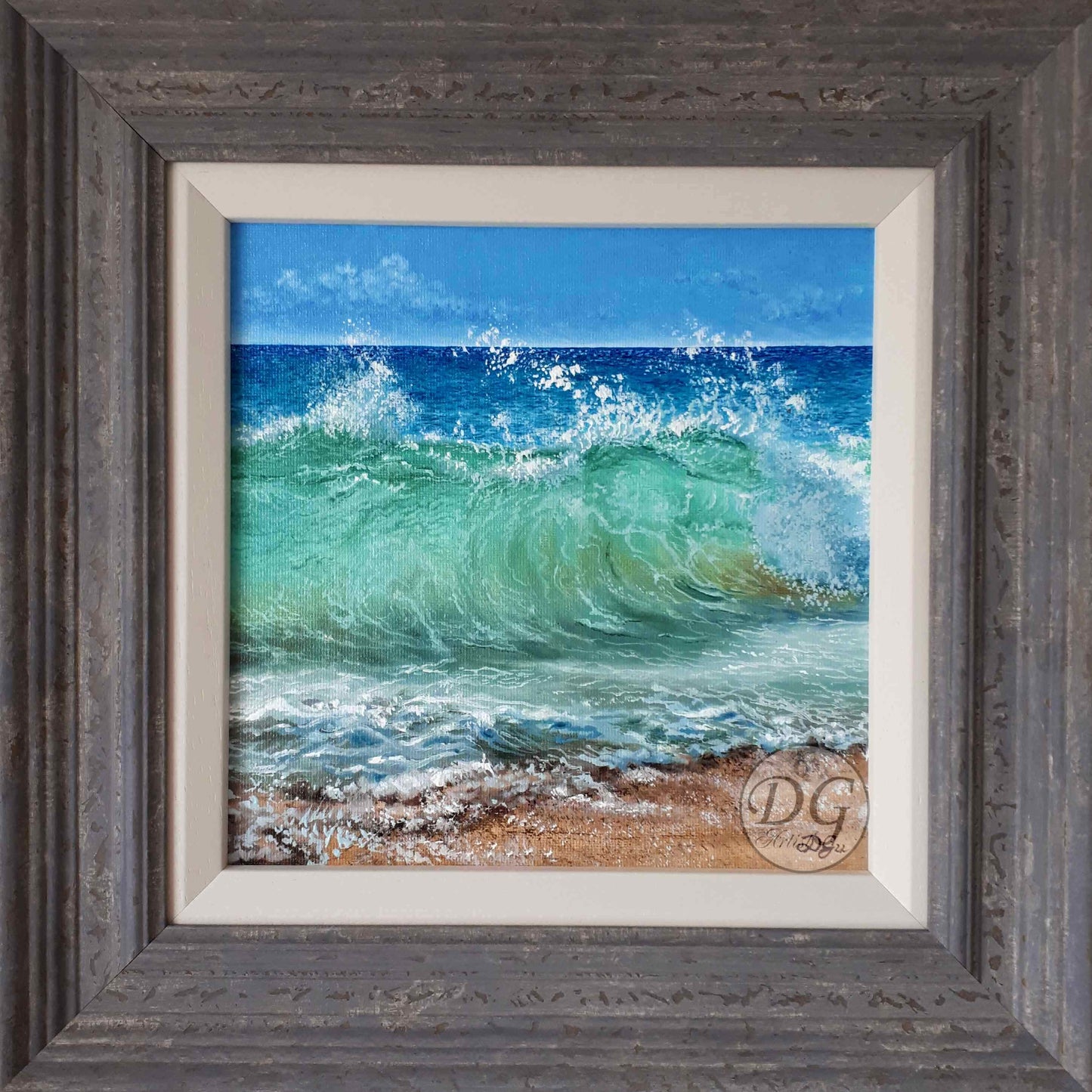 Oil painting of an ocean wave crashing on the shore
