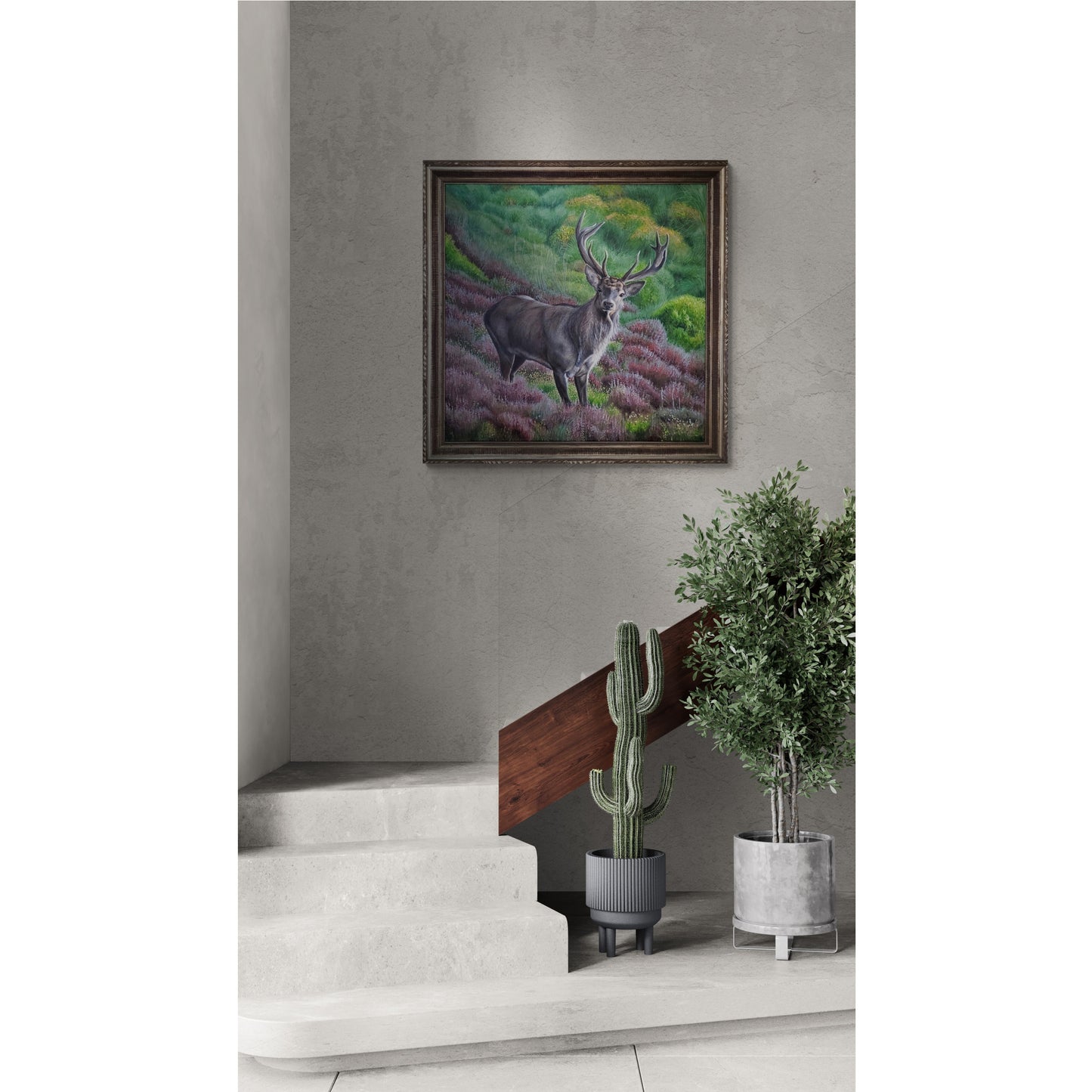 painting of a red stag on the walls of a modern house