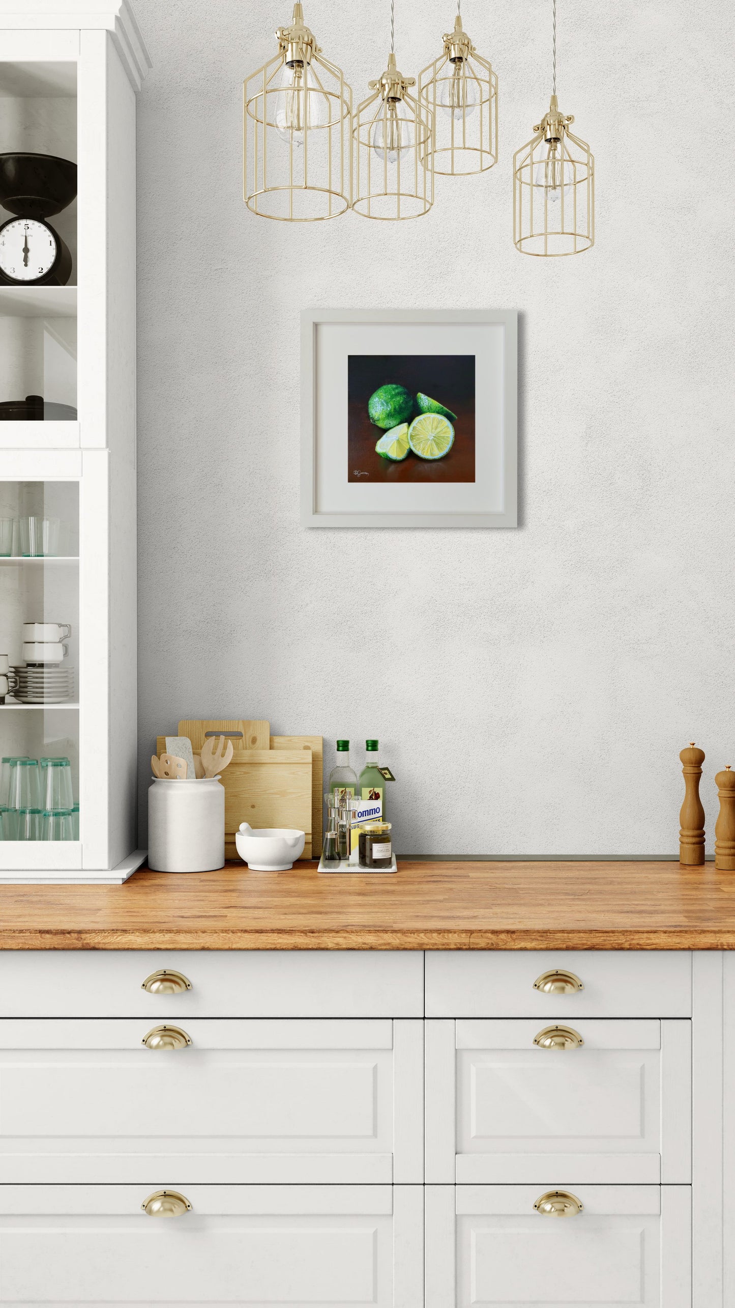 Oil still life painting depicting translucent limes