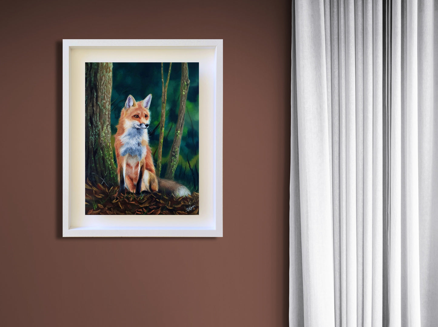 An oil painting hanging on copper colour walls, depicting a quiet fox in the forest sitting on autumn leaves