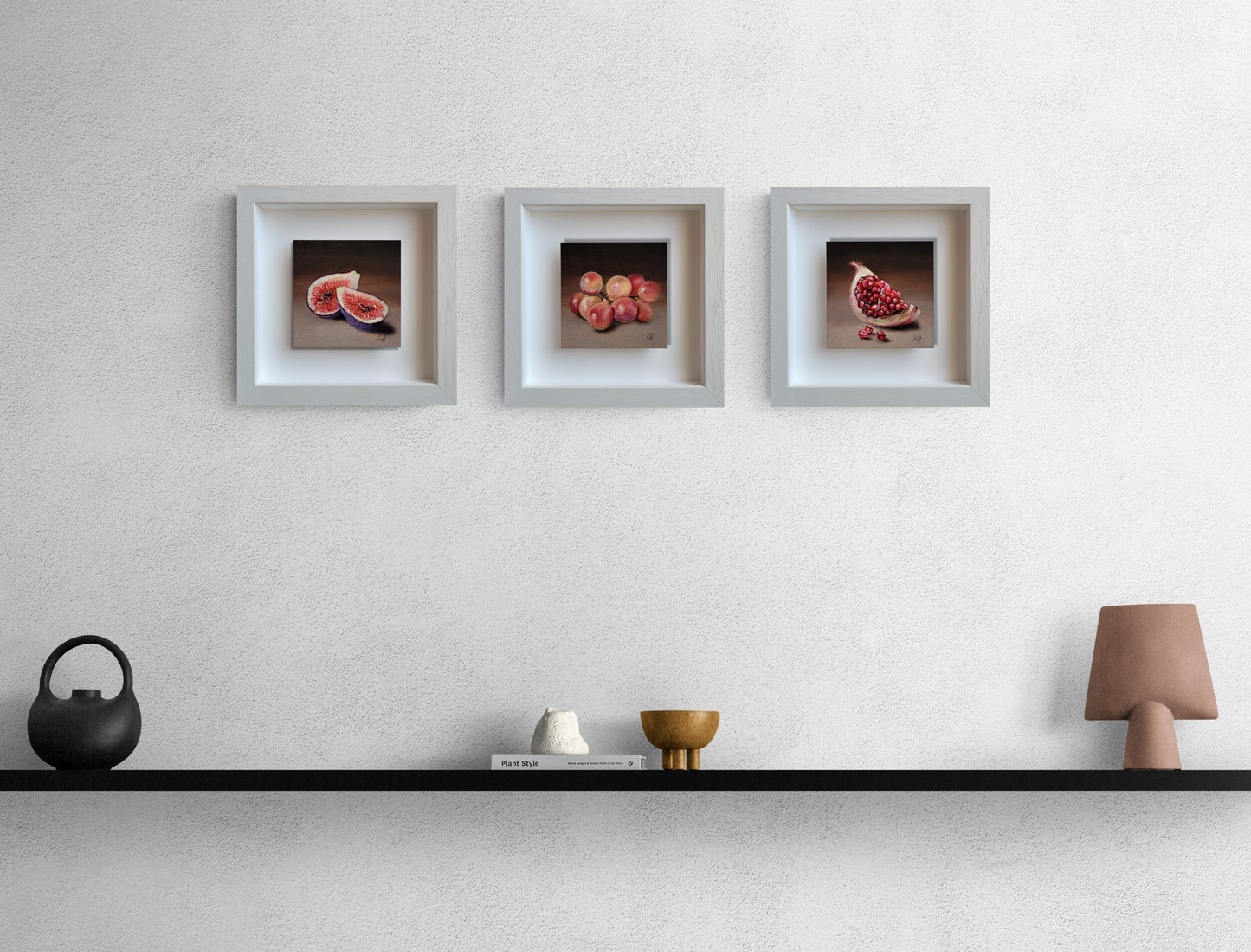 Oil still life painting of figs grapes and pomegranate
