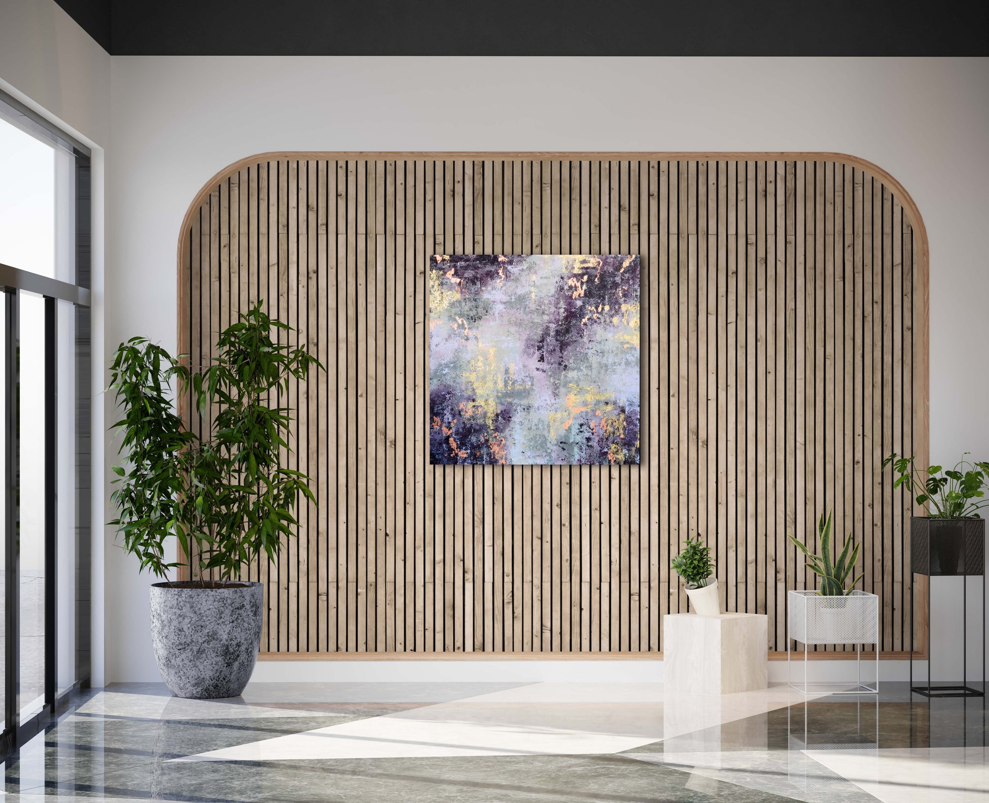 Abstract painting with gold and copper colours hanging on the wall of a contemporary lobby