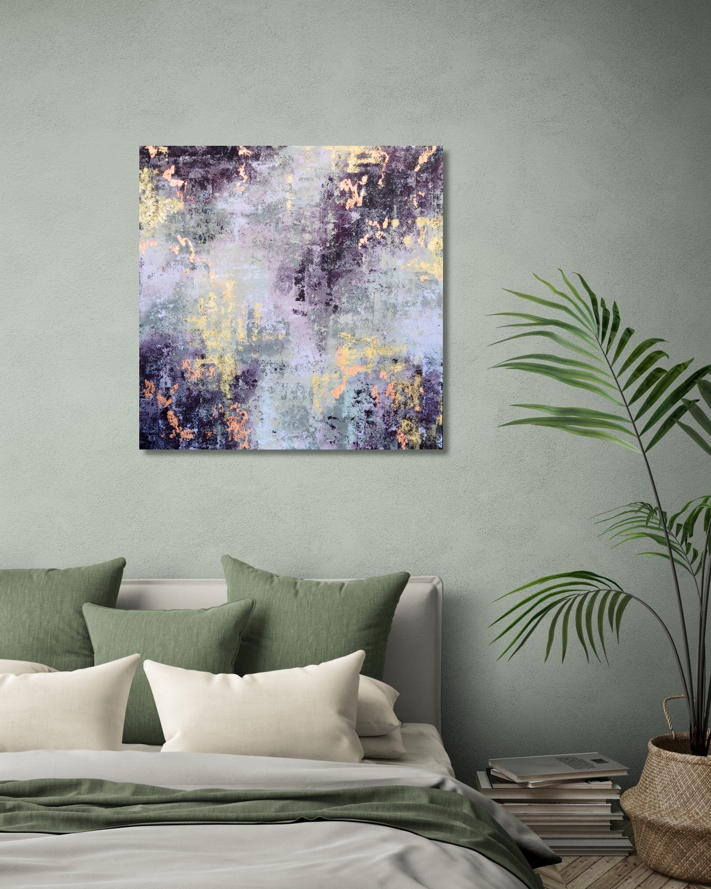 Bedroom with light green walls, with abstract painting on the wall