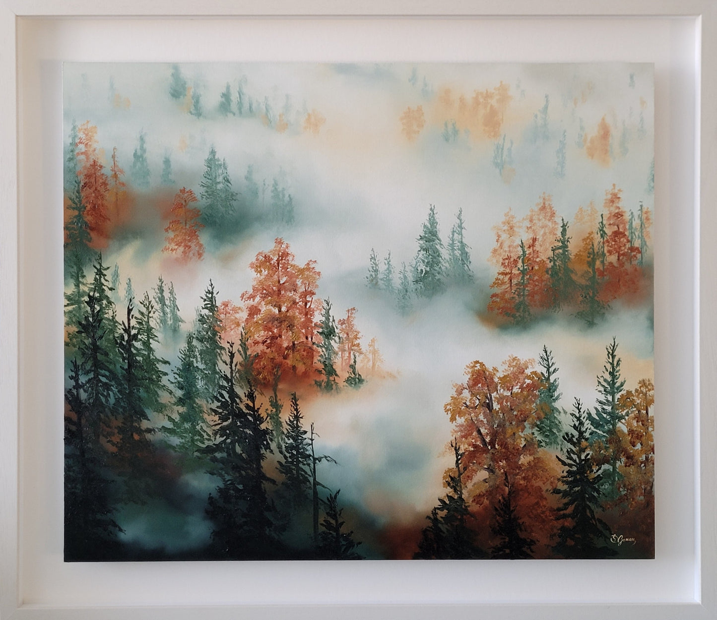 Oil painting depicting a misty forest in autumn colours. The choice of the subject and colours makes this work relaxing and calming, perfect for a waiting room, kitchen, living room or office