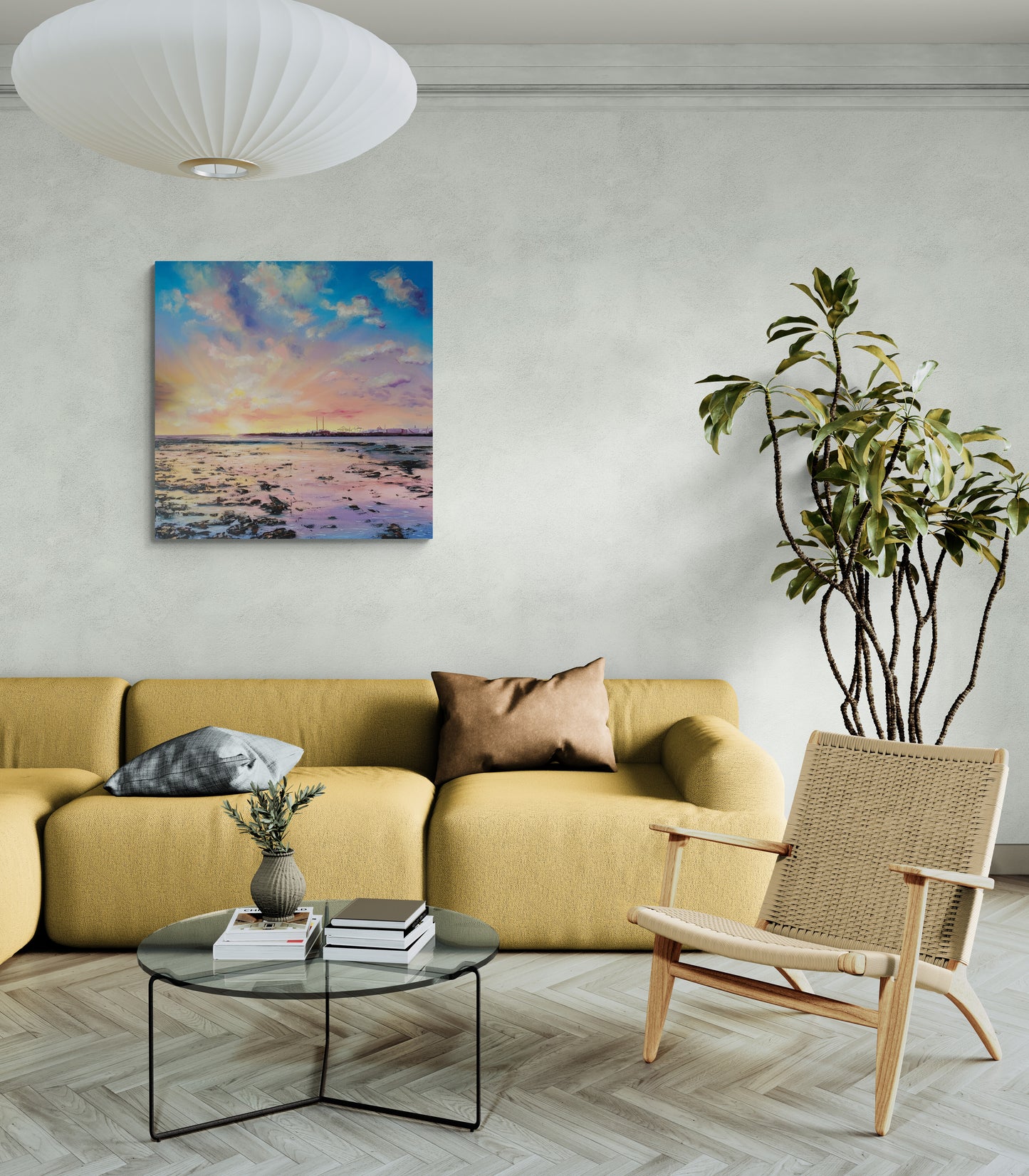 Oil painting depicting a beautiful sunset at Clontarf reflected on the water in blue. pink, purple and yellow. Ideal for a special wall in the living room, kitchen, bedroom or office