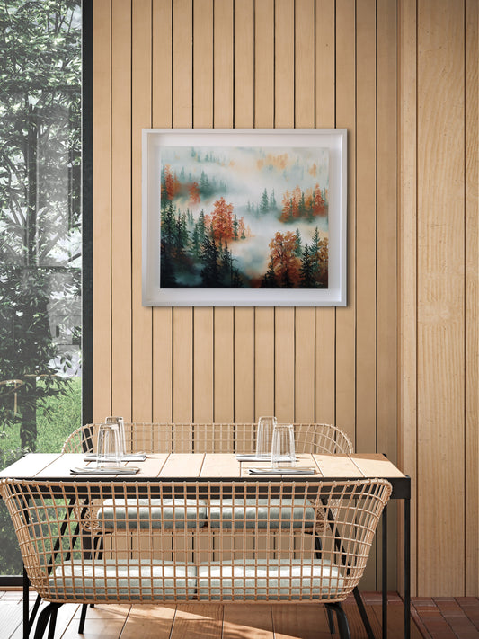 Oil painting depicting a misty forest in autumn colours. The choice of the subject and colours makes this work relaxing and calming, perfect for a waiting room, kitchen, living room or office