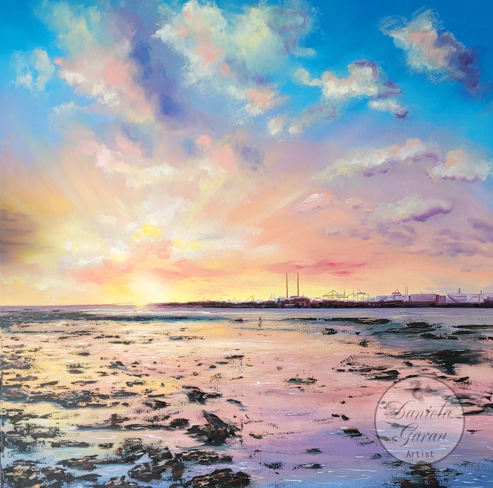 Oil painting depicting a beautiful sunset at Clontarf reflected on the water in blue. pink, purple and yellow