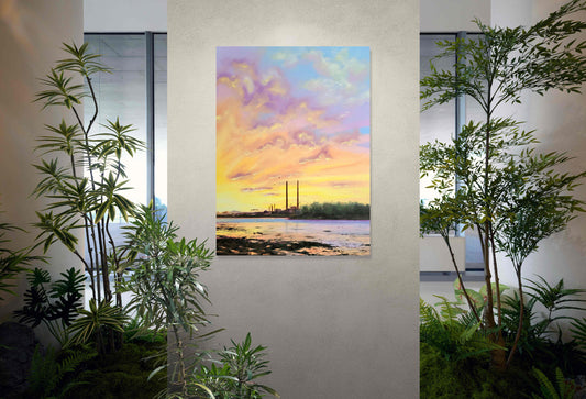 Irish Landscape and Seascape | Colourful oil painting depicting Dublin at sunrise with the Poolbeg chimneys in the background, vibrant colours of the sky reflected in the water
