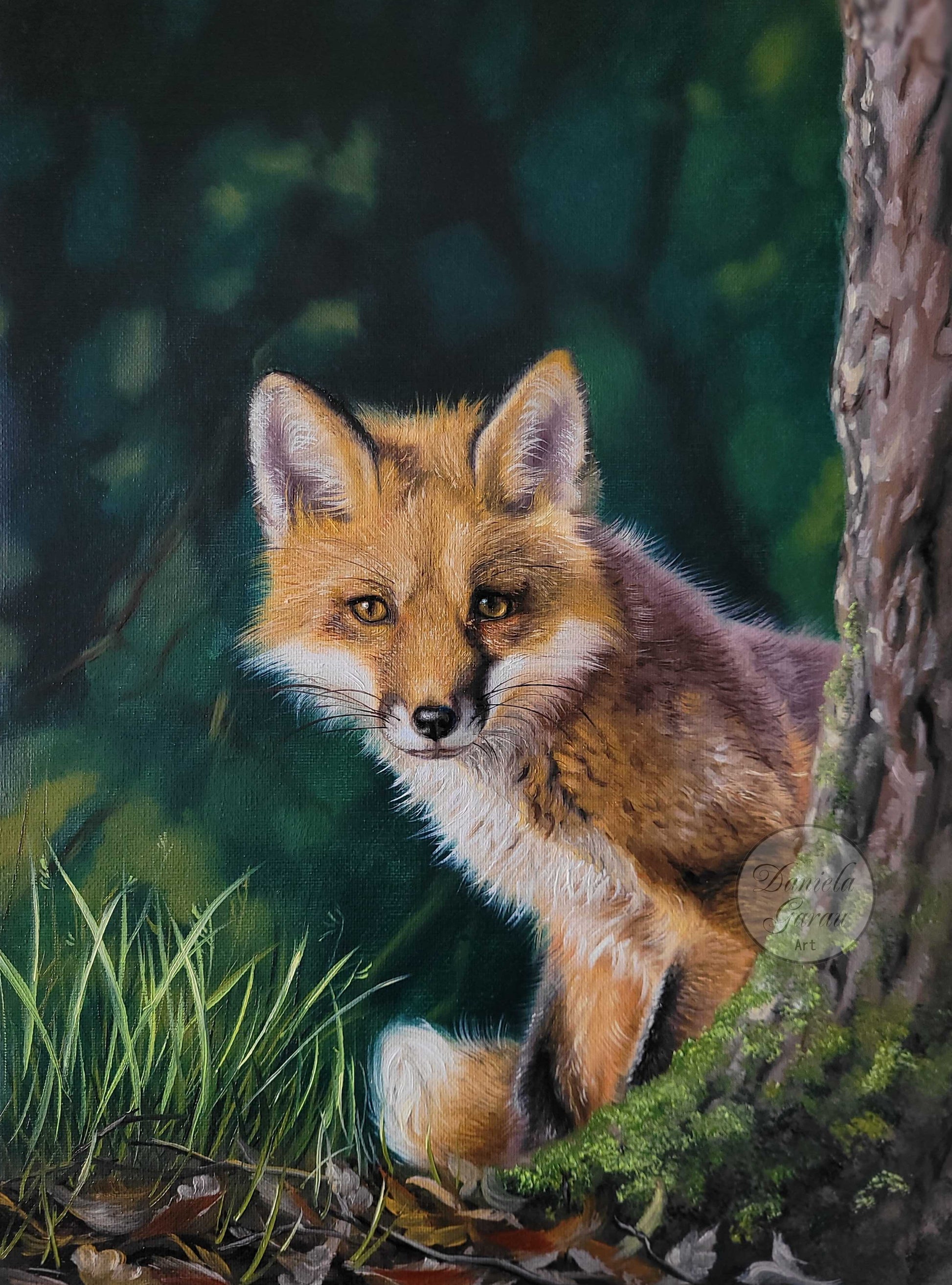 Oil painting depicting a red fox on a forest background surrounded by trees in greens, reds and browns