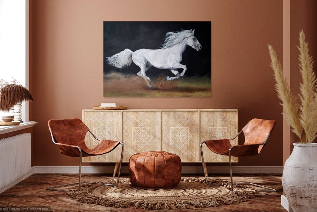 Oil painting of a horse hanging on the walls of a modern waiting room