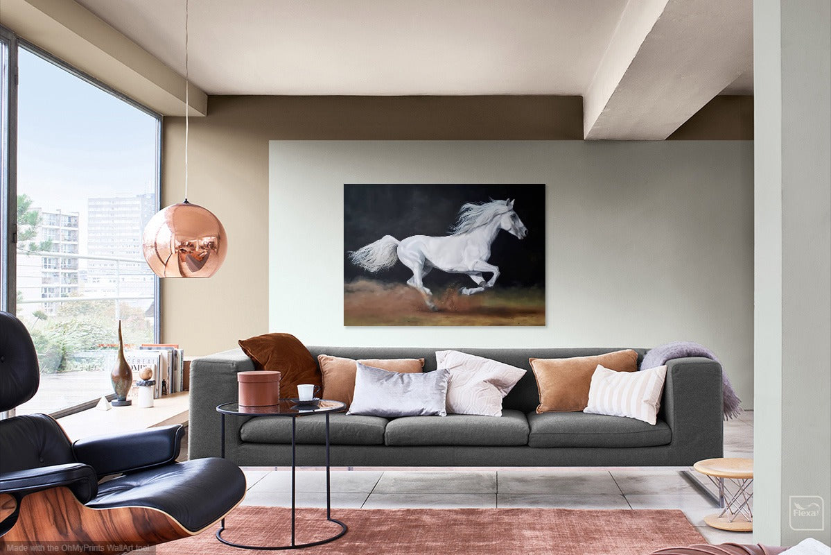 Large horse painting hanging on the walls of a bright living room