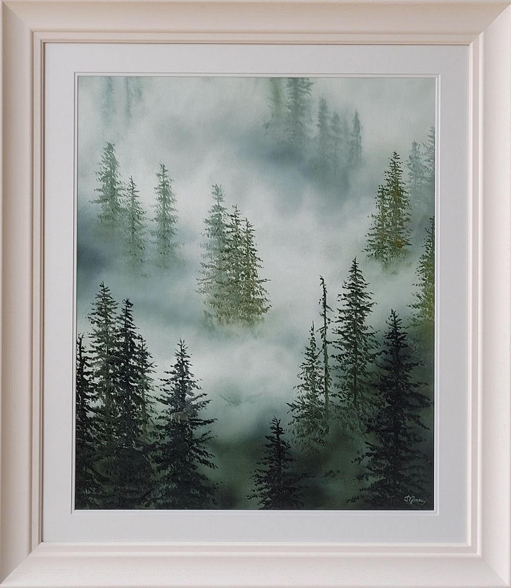 Calming oil painting depicting a misty forest in greens. This painting comes framed and ready to hang on the wall of a living room, kitchen or office