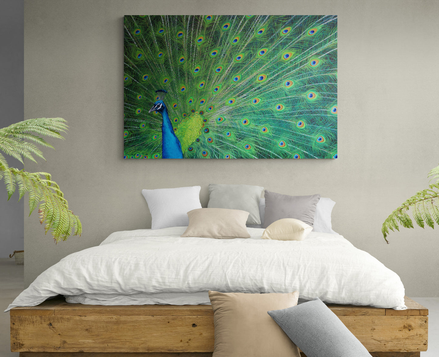 Large Oil painting depicting a peacock in greens and blues. Ideal for a special wall in the living room, bedroom or office