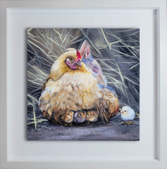 Under Her Wing | Original Hen and Chicks Oil Painting