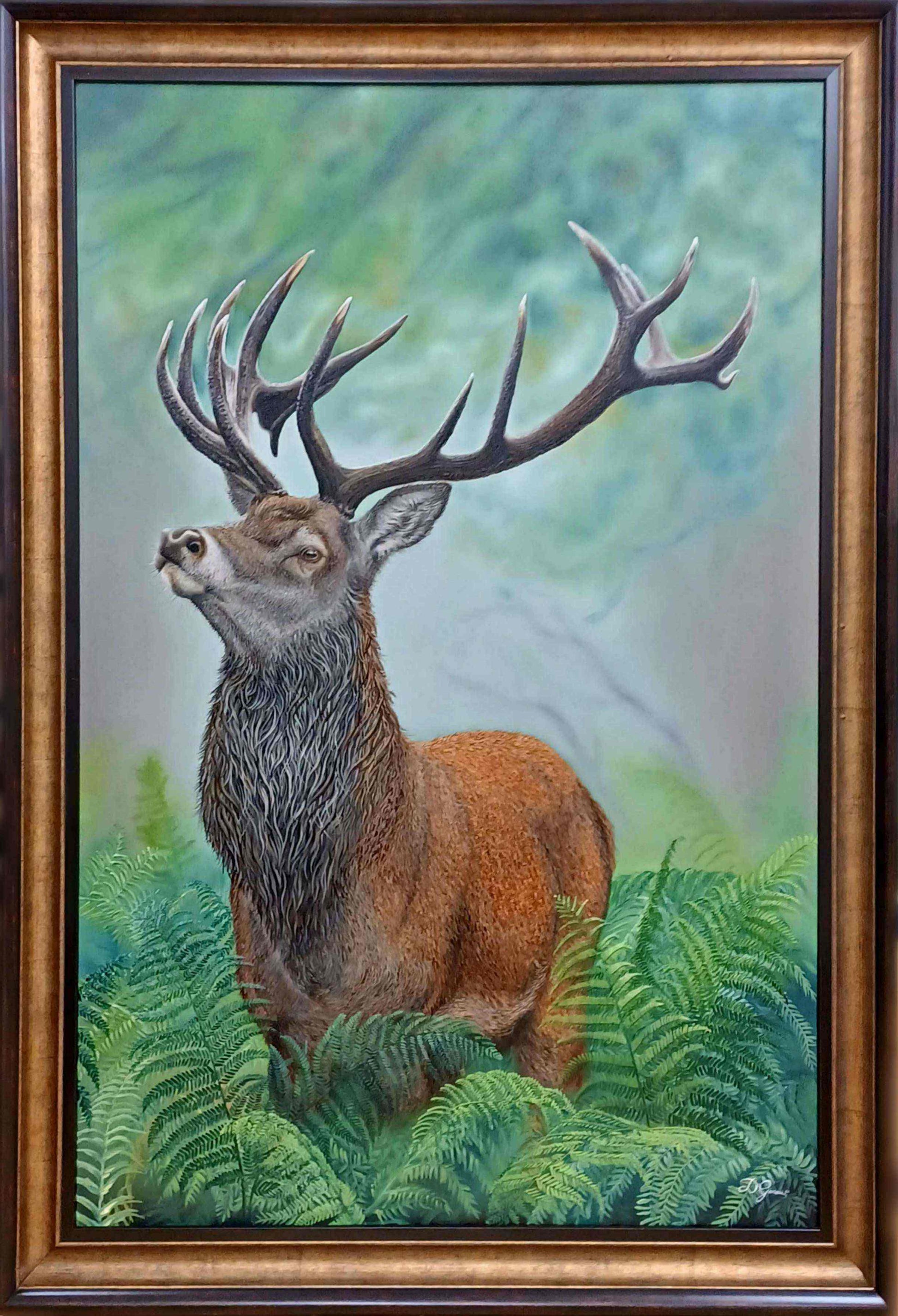 Framed painting of a deer with large antlers in a natural setting.