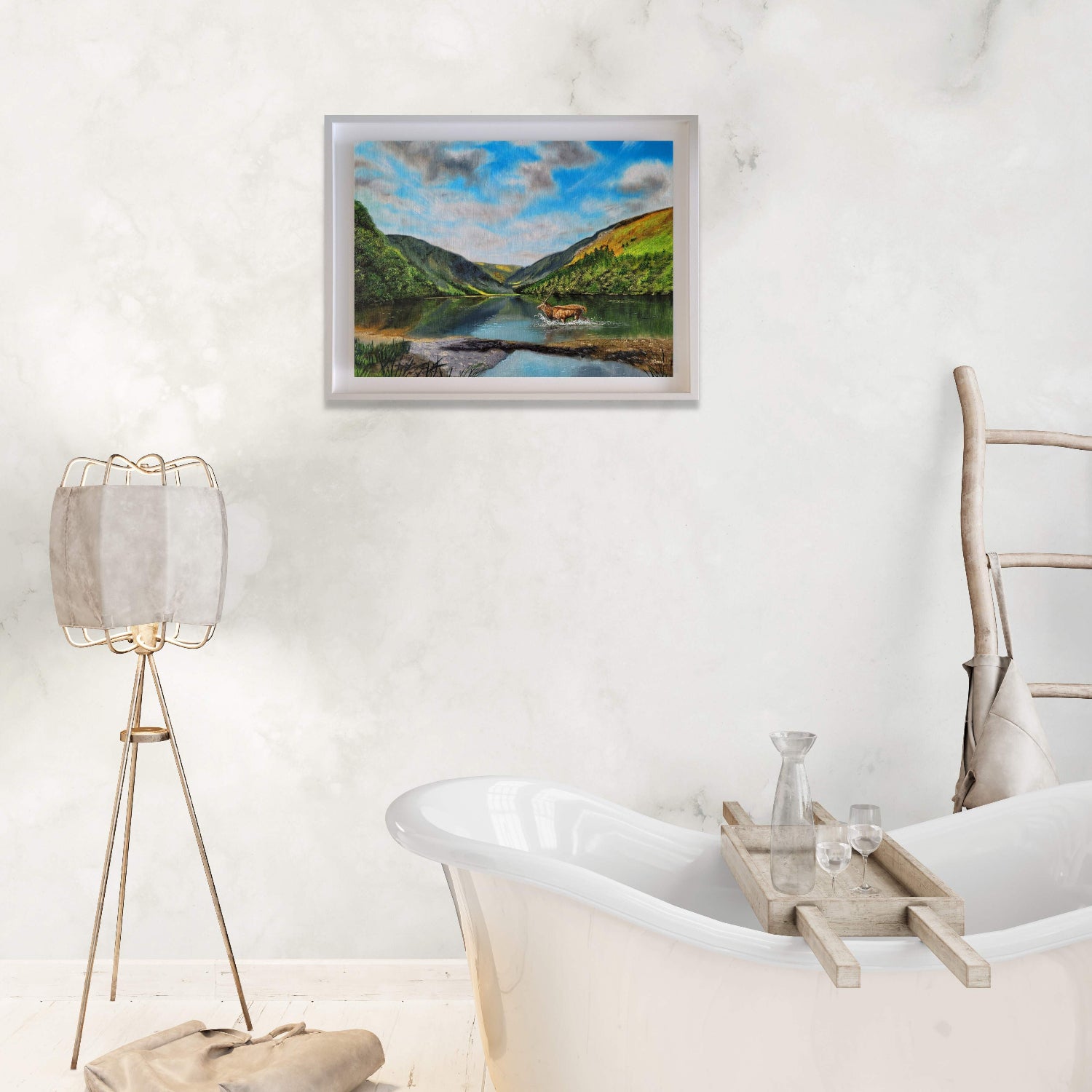 painting depicting a red deer at Glendalough the upper lake during a sunny day