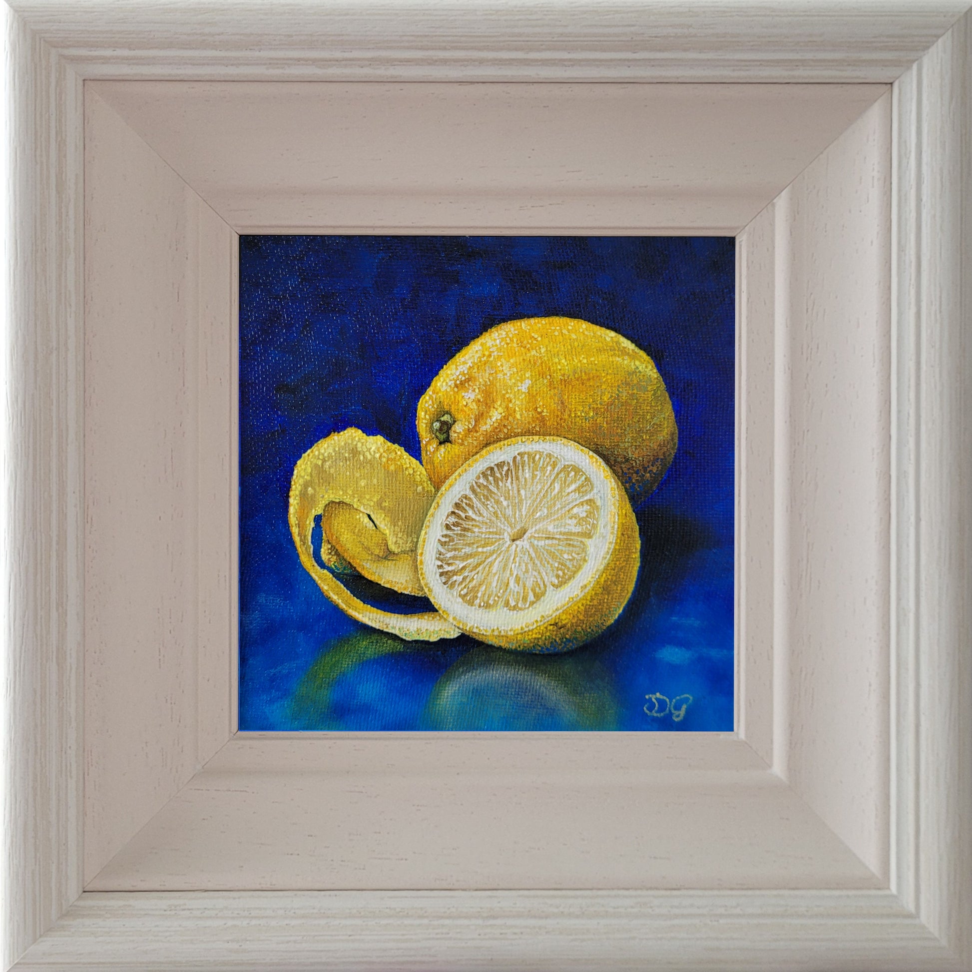 Framed in white lemon with blue background