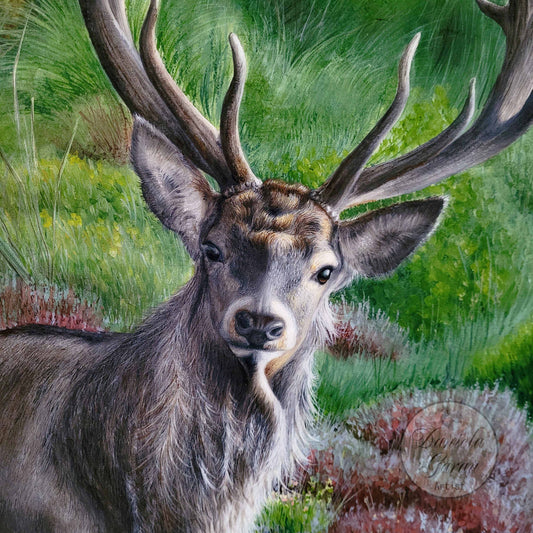 close up of a painting of a red deer
