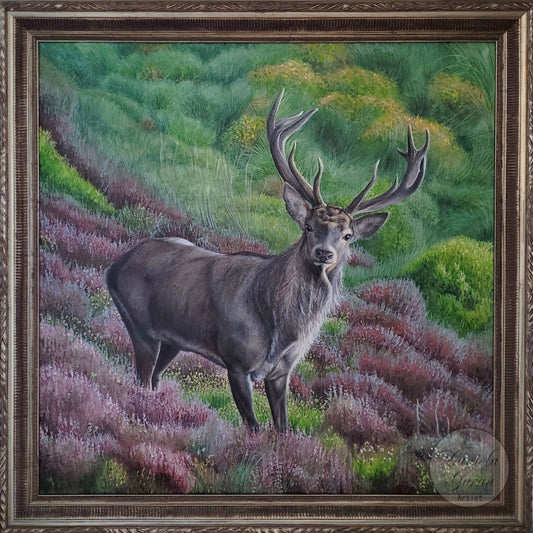 painting of a red deer on a green and purple background