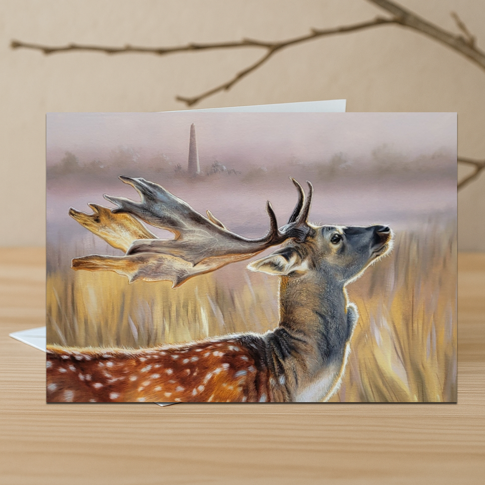 Greeting card with a deer illustration at Phoenix Park on a wooden surface